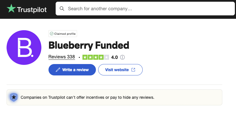 Blueberry Funded Trustpilot Score